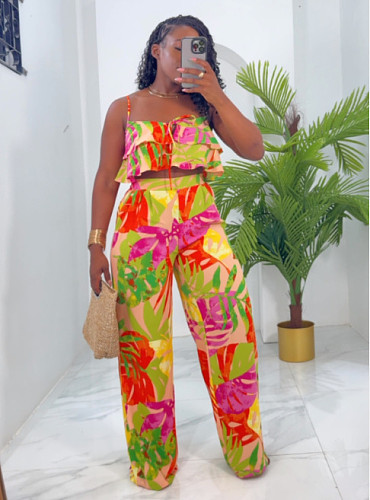 2024 Fashion Printed Women Ruffles Crop Tops With Long Wide-leg Pants NY-10862
