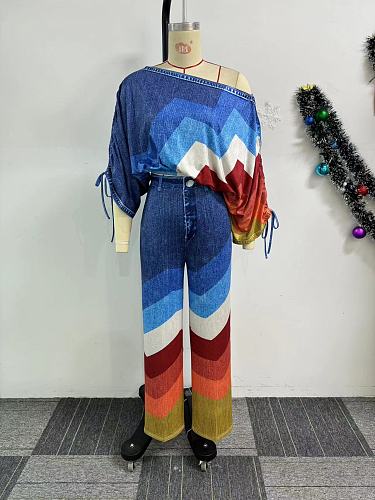 Stylish Print Women Batwing Sleeves Crop Tops And Long Straight Pants Two Pieces Sets NY-10888