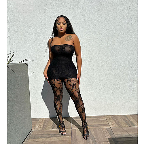 Sexy Strapless Transparent Mesh Tops And Pantyhose 2 Pieces Sets FOS-8378