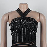 Women Hot Drilling Patchwork Black Package Hips Rompers NY-3233