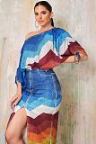 Fashion Print Women Batwing Sleeve Split Midi Skirt 2 Pieces Sets NY-10867