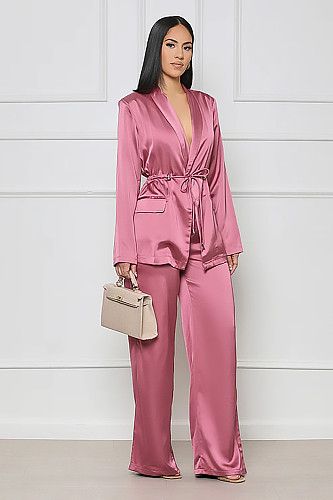 Silk Solid Slim Lace Up Belt Bathrobe Suit CYU-9469