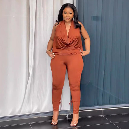 Women Solid Color Halter Backless Tops And Bodycon Pants Two-pieces Sets NY-10863