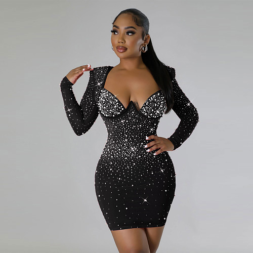 Hot Drill Slim Stretch Hip Long Sleeve Mini Nightclub Dress NY-2926