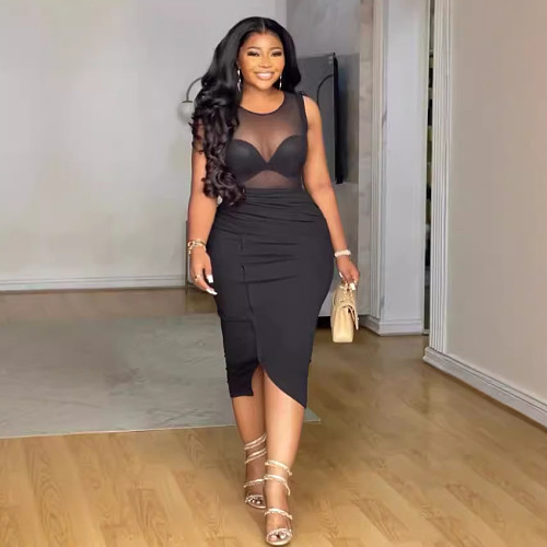 Black Mesh Transparent Women Sleeveless Split Maxi Dresses NY-10861