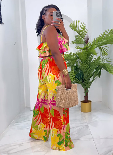 2024 Fashion Printed Women Ruffles Crop Tops With Long Wide-leg Pants NY-10862