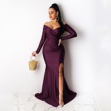 Long Sleeves V-neck Solid Split Autumn and Winter Maxi Dress AIL-143