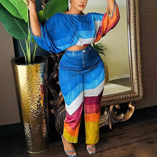 Stylish Print Women Batwing Sleeves Crop Tops And Long Straight Pants Two Pieces Sets NY-10888