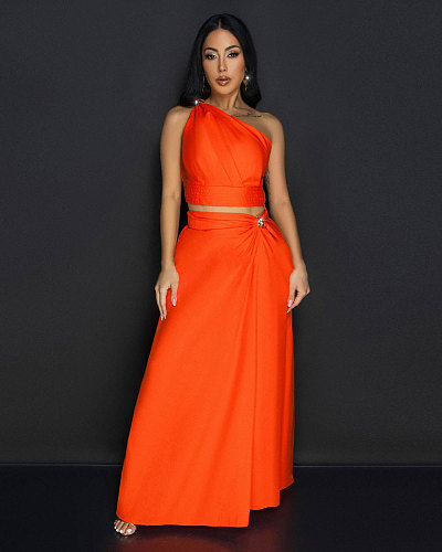 Women Oblique Shoulder Sleeveless Split Long Skirts Orange 2 Pieces Sets NY-10865