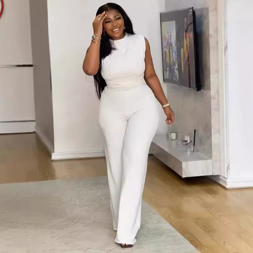 White Sleeveless Round Neck Women Wide-leg Long Jumpsuit NY-10853