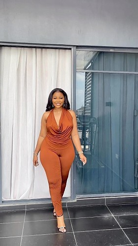 Women Solid Color Halter Backless Tops And Bodycon Pants Two-pieces Sets NY-10863
