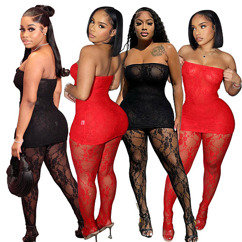 Sexy Strapless Transparent Mesh Tops And Pantyhose 2 Pieces Sets FOS-8378