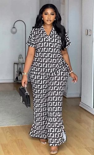 Women Print V-neck Tops Wide-leg Long Pants Casual 2 Pieces Sets NY-10870
