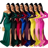 Long Sleeves V-neck Solid Split Autumn and Winter Maxi Dress AIL-143