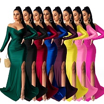 Long Sleeves V-neck Solid Split Autumn and Winter Maxi Dress AIL-143