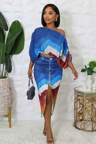 Fashion Print Women Batwing Sleeve Split Midi Skirt 2 Pieces Sets NY-10867