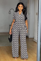 Women Print V-neck Tops Wide-leg Long Pants Casual 2 Pieces Sets NY-10870