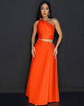Women Oblique Shoulder Sleeveless Split Long Skirts Orange 2 Pieces Sets NY-10865