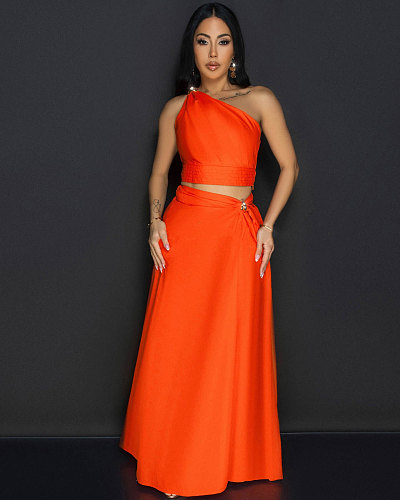 Women Oblique Shoulder Sleeveless Split Long Skirts Orange 2 Pieces Sets NY-10865