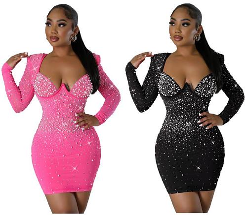 Hot Drill Slim Stretch Hip Long Sleeve Mini Nightclub Dress NY-2926