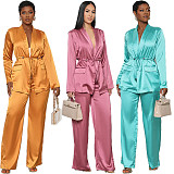 Silk Solid Slim Lace Up Belt Bathrobe Suit CYU-9469