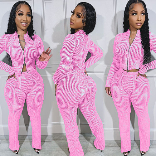 Casual Women Zipper Long Sleeve Bodycon Pants Knitted 2 Pieces Sets NIYA-8179