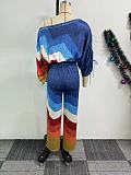 Stylish Print Women Batwing Sleeves Crop Tops And Long Straight Pants Two Pieces Sets NY-10888
