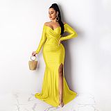 Long Sleeves V-neck Solid Split Autumn and Winter Maxi Dress AIL-143