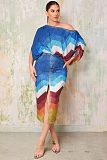 Fashion Print Women Batwing Sleeve Split Midi Skirt 2 Pieces Sets NY-10867