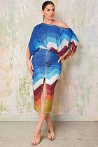 Fashion Print Women Batwing Sleeve Split Midi Skirt 2 Pieces Sets NY-10867