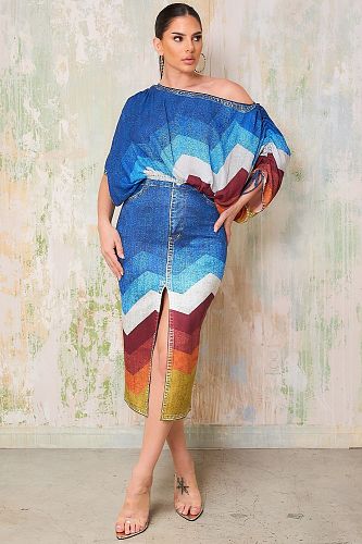 Fashion Print Women Batwing Sleeve Split Midi Skirt 2 Pieces Sets NY-10867
