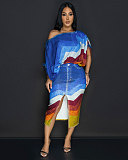 Fashion Print Women Batwing Sleeve Split Midi Skirt 2 Pieces Sets NY-10867