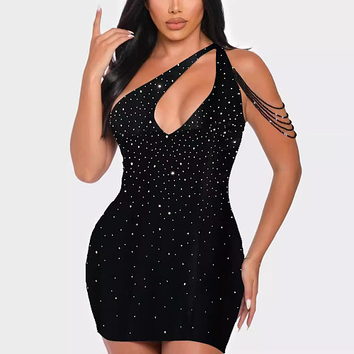 Sexy Hollow-out Single Shoulder Women Hot Drilling Black Mini Dresses NY-3231