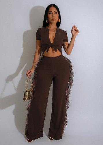Sexy Bandage Crop Top And Tassel Long Pants Women 2 Pieces Sets NTY-7465