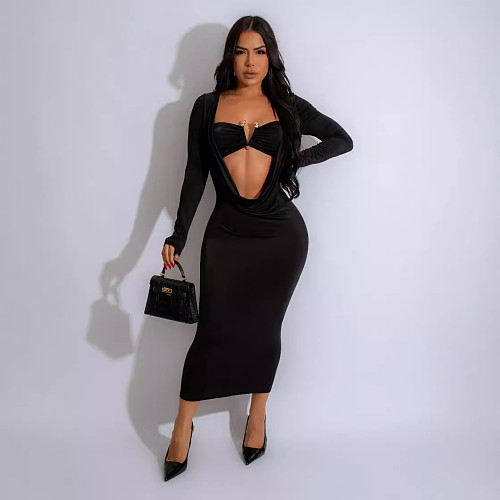 Sexy Deep-V Long Sleeves Women Package Hips Maxi Dress NTY-7471