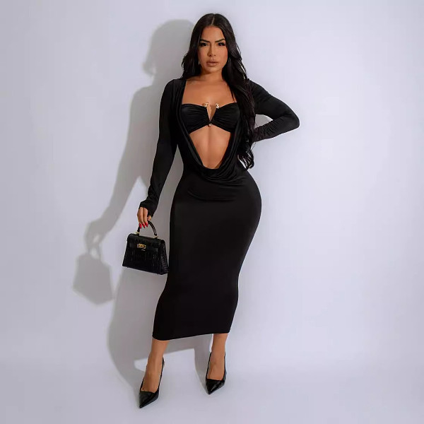 Sexy Deep-V Long Sleeves Women Package Hips Maxi Dress NTY-7471