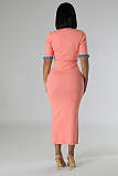 Women Patchwork Pockets Short Sleeves V-neck Slim Casual Maxi Dress NTY-7456