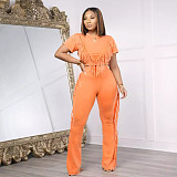 Women Solid Color Short Sleeves Tops And Long Pants Casual Tassel 2 Pieces Sets NTY-7449