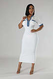 Women Patchwork Pockets Short Sleeves V-neck Slim Casual Maxi Dress NTY-7456