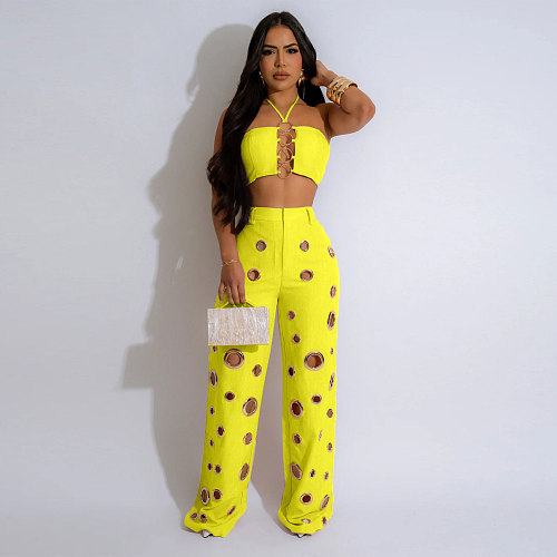 Sexy Broken-holes Women Halter Crop Top And Long Pants Two Pieces Sets NTY-7436