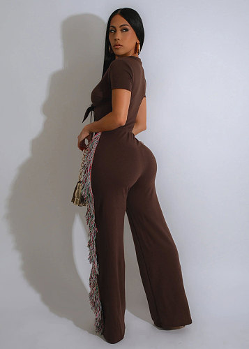 Sexy Bandage Crop Top And Tassel Long Pants Women 2 Pieces Sets NTY-7465