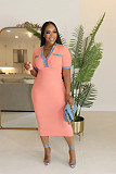 Women Patchwork Pockets Short Sleeves V-neck Slim Casual Maxi Dress NTY-7456