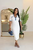 Women Patchwork Pockets Short Sleeves V-neck Slim Casual Maxi Dress NTY-7456