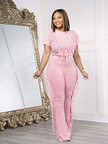 Women Solid Color Short Sleeves Tops And Long Pants Casual Tassel 2 Pieces Sets NTY-7449