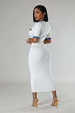Women Patchwork Pockets Short Sleeves V-neck Slim Casual Maxi Dress NTY-7456