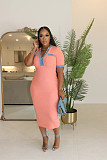 Women Patchwork Pockets Short Sleeves V-neck Slim Casual Maxi Dress NTY-7456