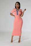 Women Patchwork Pockets Short Sleeves V-neck Slim Casual Maxi Dress NTY-7456