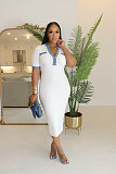 Women Patchwork Pockets Short Sleeves V-neck Slim Casual Maxi Dress NTY-7456