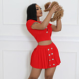 Fashion Casual Hollow-out Button Knit Short Sleeve Two-piece Set MDF-5394