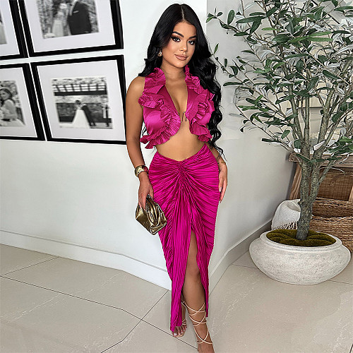 Sexy Flounced Sleeveless Crop Top With Split Folds Maxi Skirt Sets YF-10734